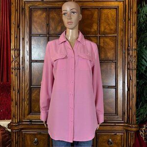 D&Co. Pink Split Vneck Roll Tab Sleeves Button Down Patch Pocket Shirt
